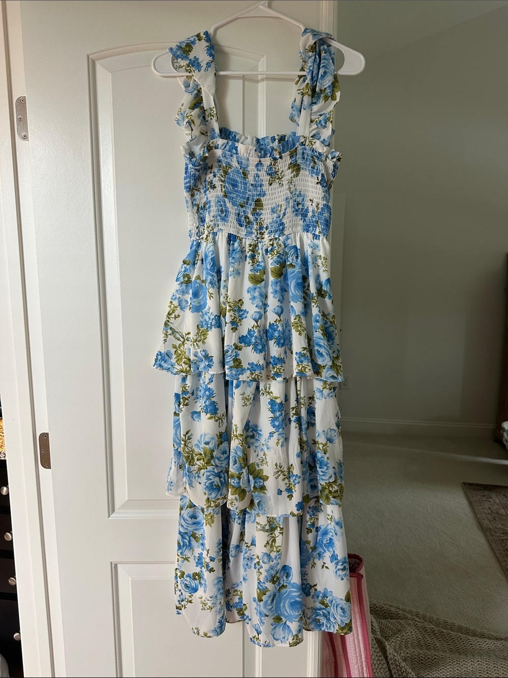 Smocked Tiered Midi Dress in Blue Floral